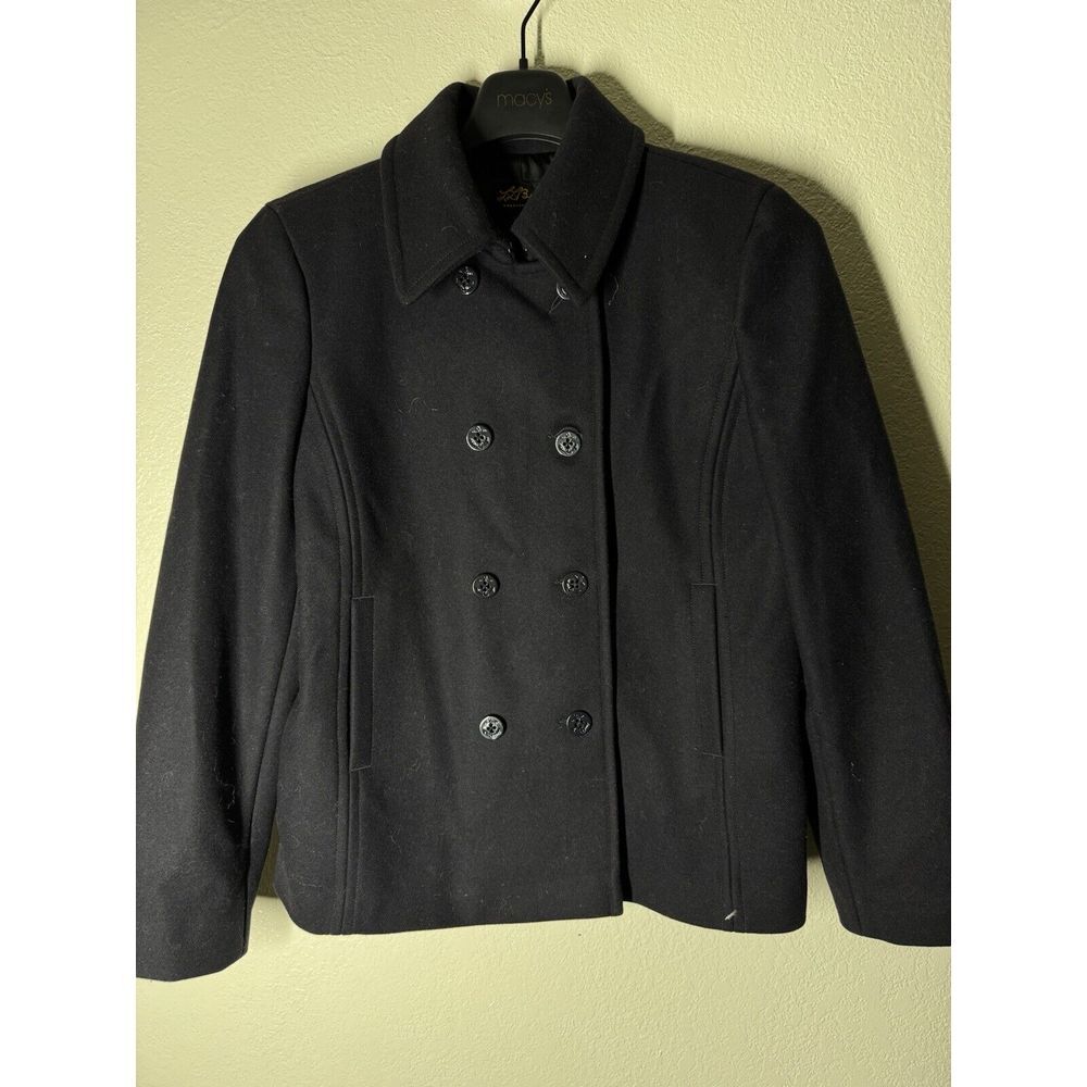 LL Bean Black Italian‎ Wool Peacoat Misses' Reg Anchor Buttons 14